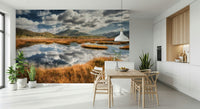 Scenic lake wall mural highlights bright hallway wall design