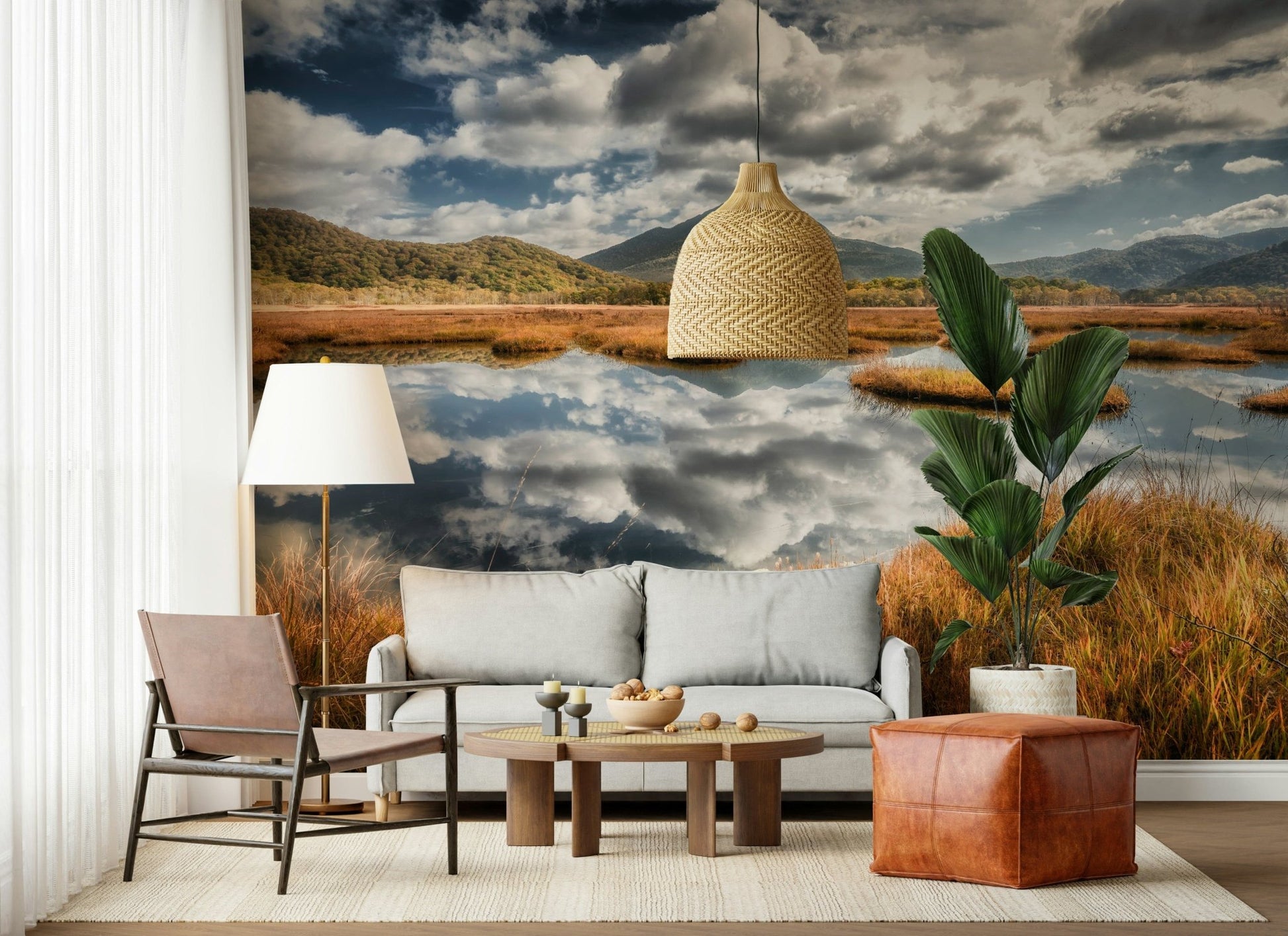 Calm horizon wall mural refreshes chic lounge interior space