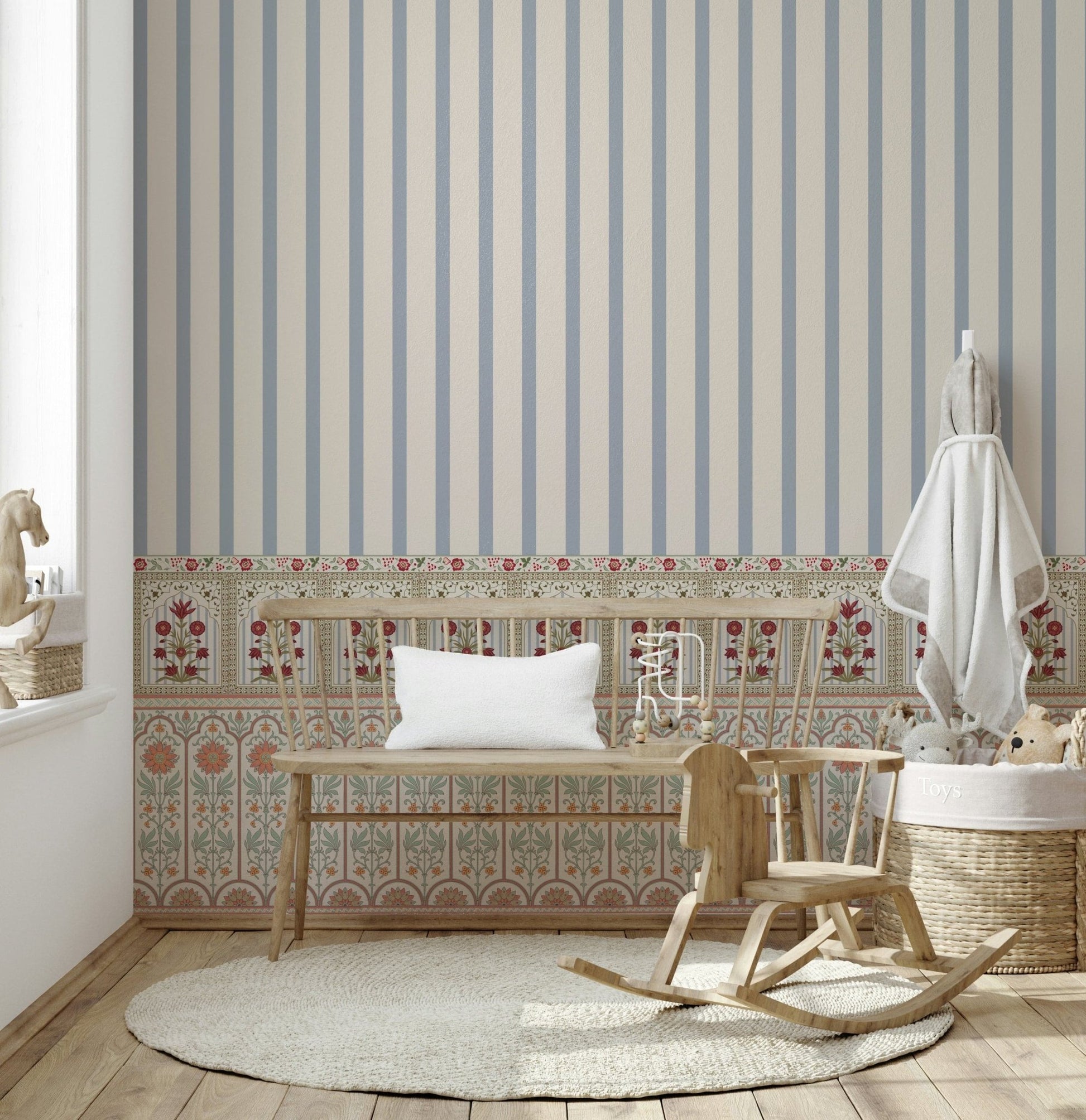 Decorative wall mural combining floral pattern with structured striped wallpaper layout