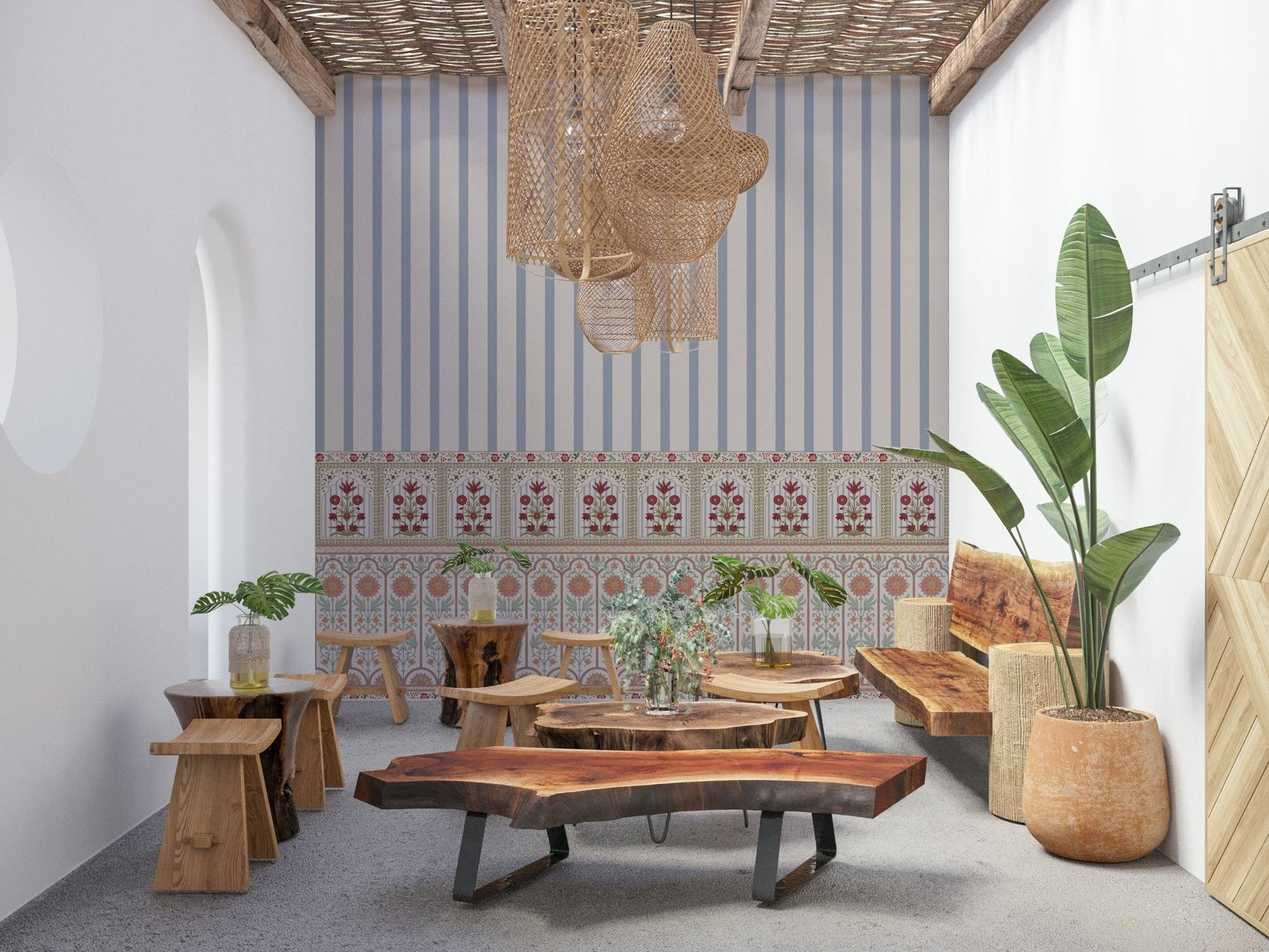 Floral pattern wall mural paired with timeless striped wallpaper styling