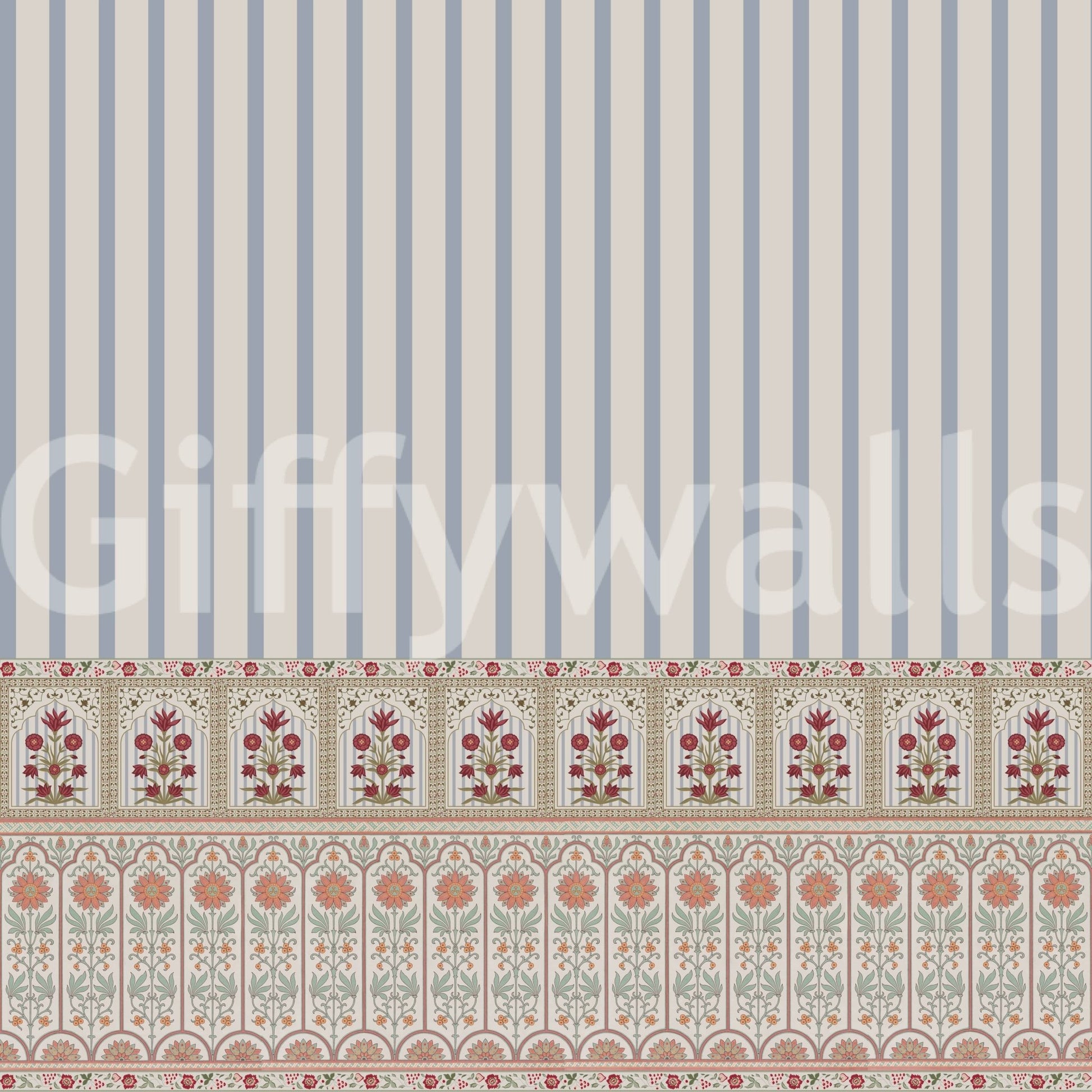 Striped wallpaper mural with graceful floral pattern detailing
