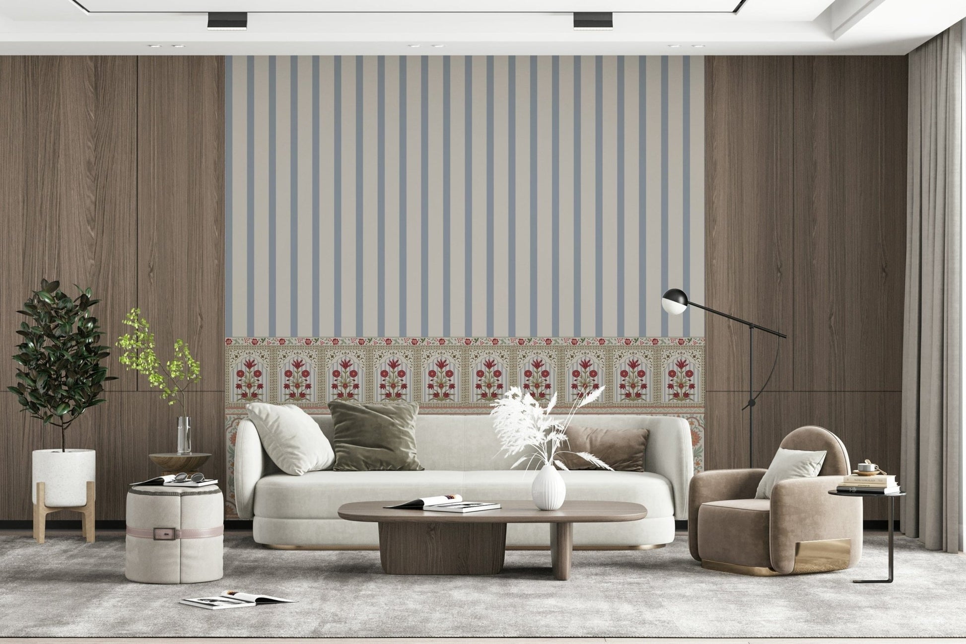 Regal Bloom Stripes wall mural featuring a floral pattern with vertical striped wallpaper design