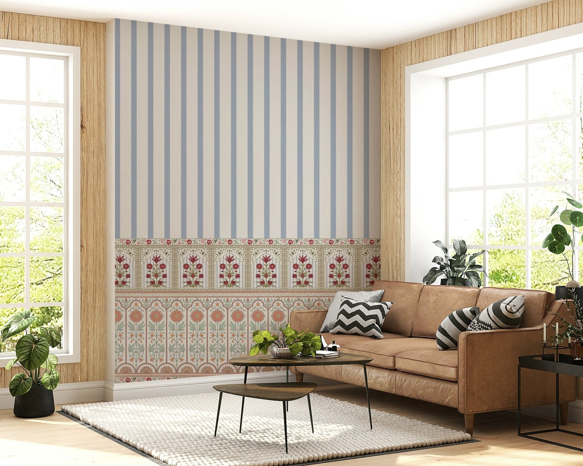 Regal Bloom Stripes mural showing balanced floral pattern and subtle stripe detailing