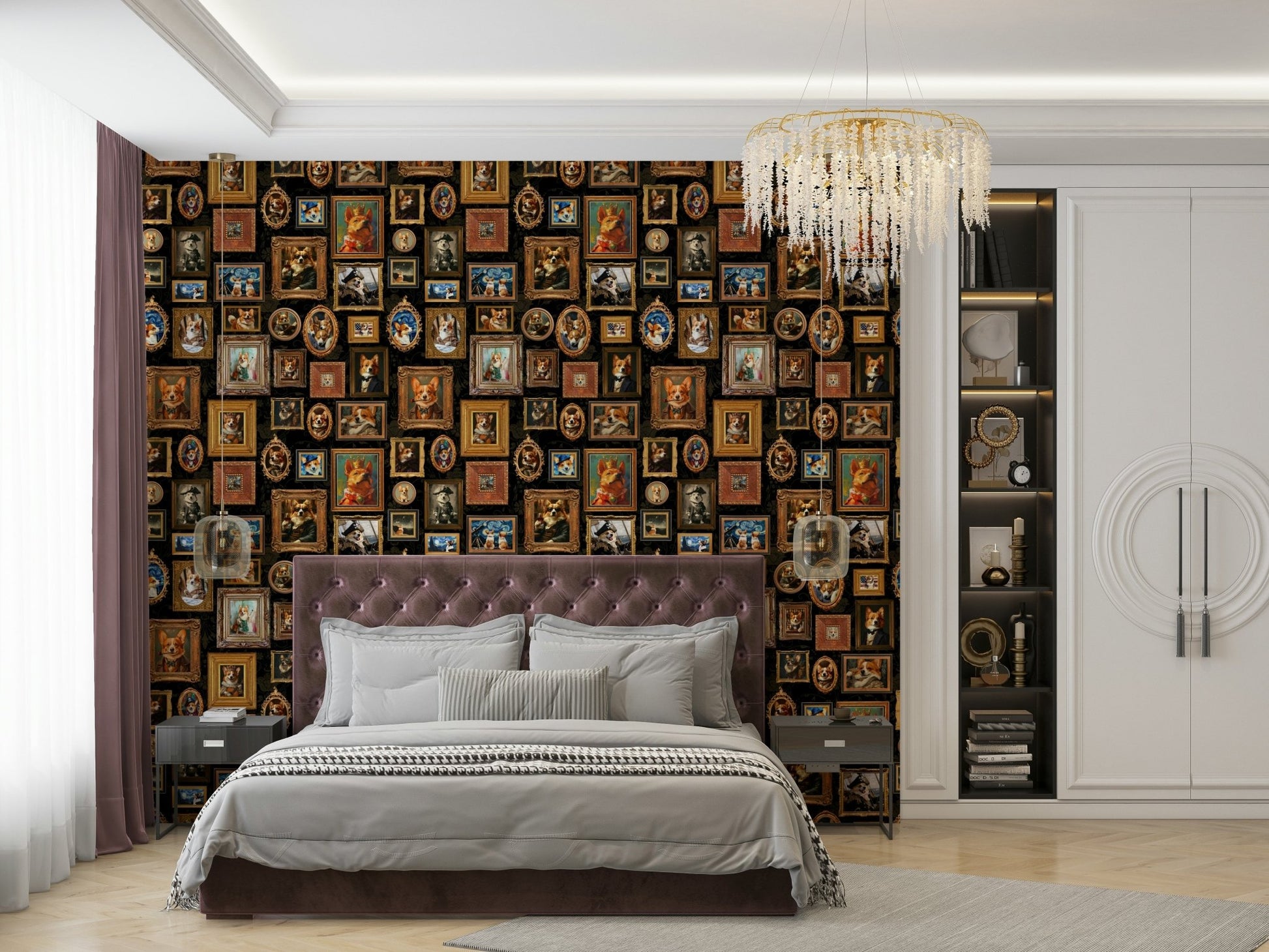 Regal Corgis mural for a fun living room.

