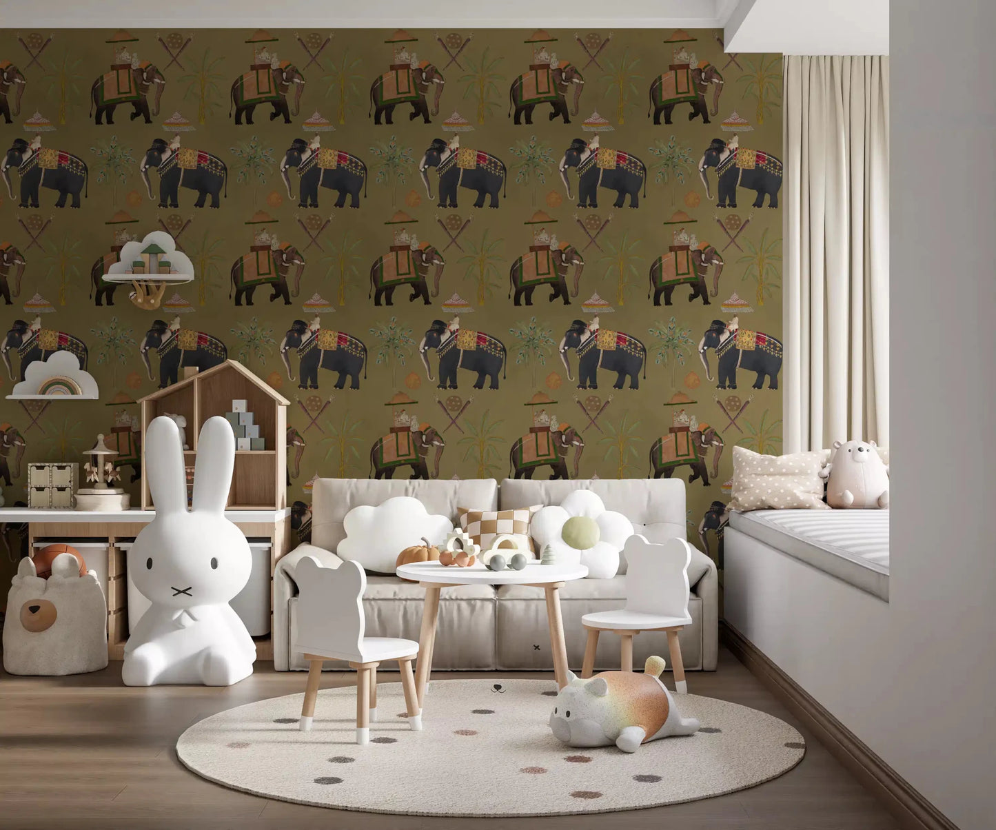 Regal Elephant Journeys Wall Mural with traditional royal motifs.