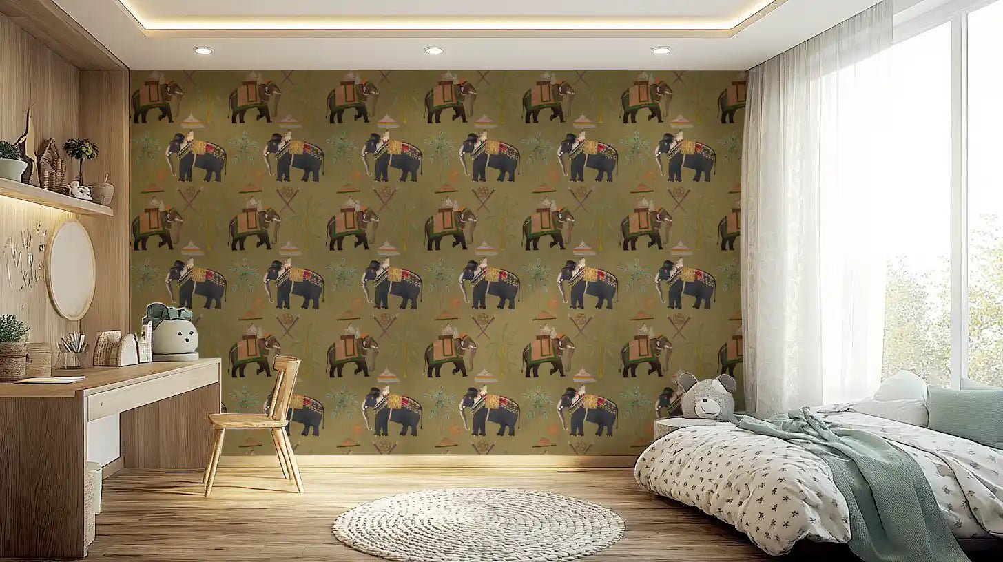 Traditional umbrellas and palms in Regal Elephant Journeys Wall Mural for a bedroom.