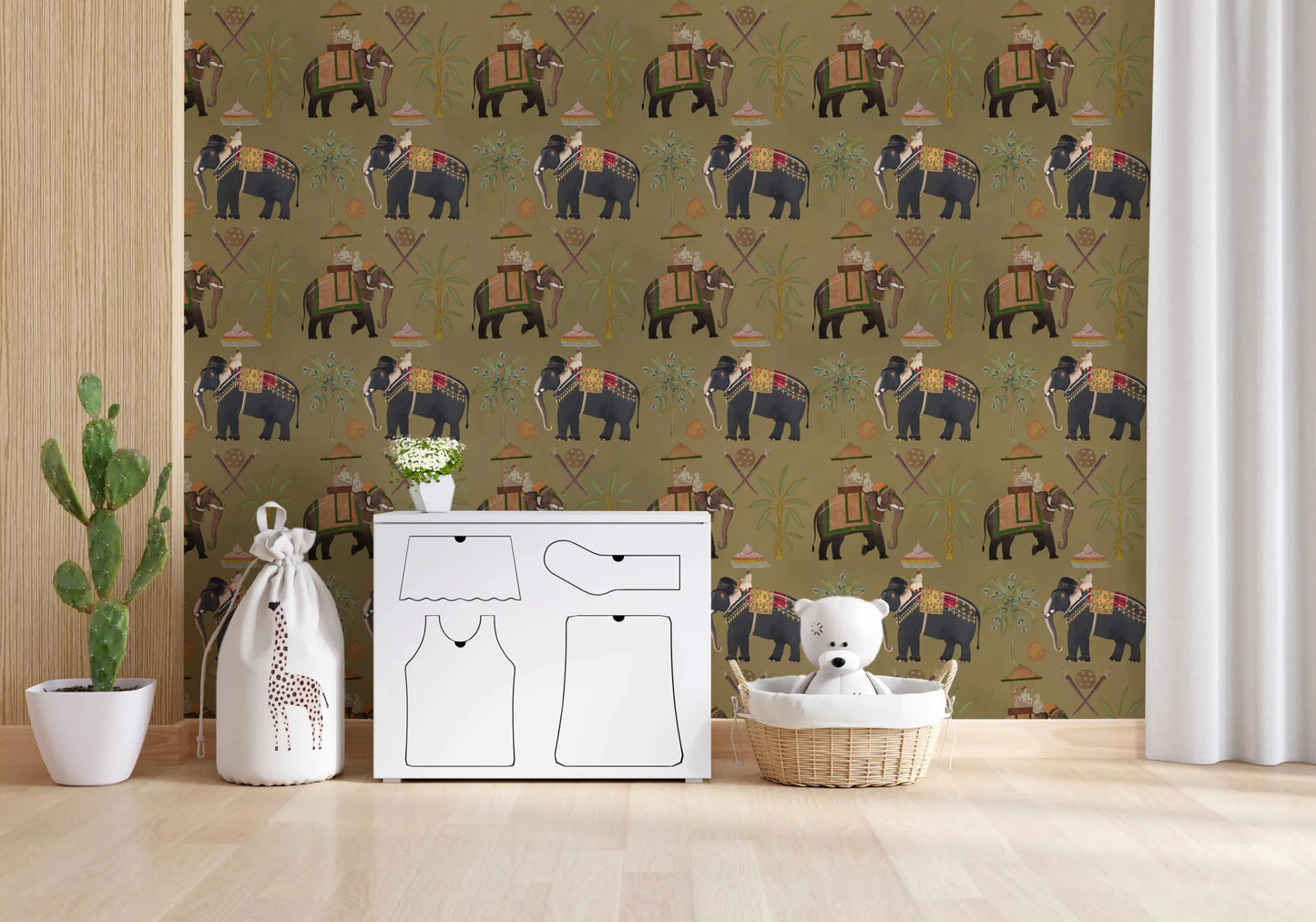 Olive green Regal Elephant Journeys Wall Mural featuring gold accents.