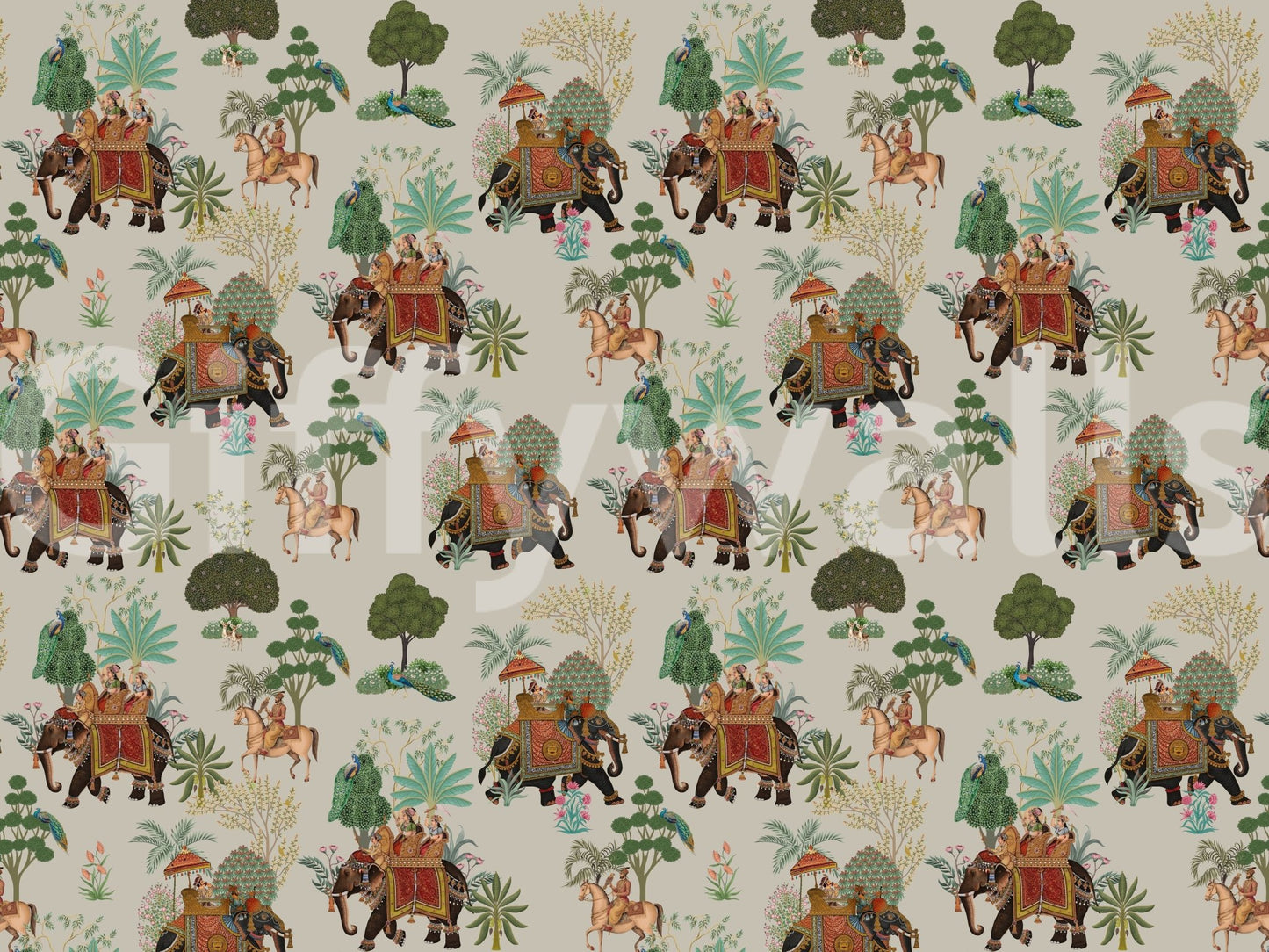Regal Elephant Parade wall mural with Indian riders and jungle trees