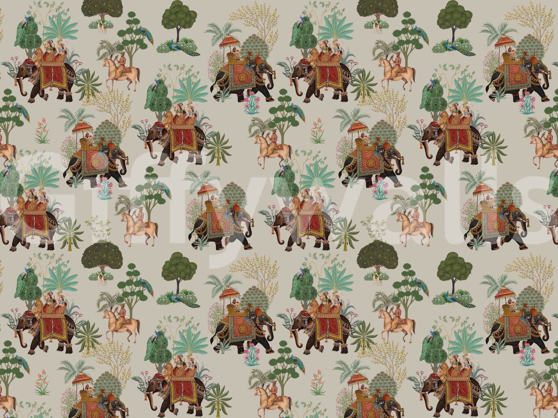 Regal Elephant Parade wall mural with Indian riders and jungle trees