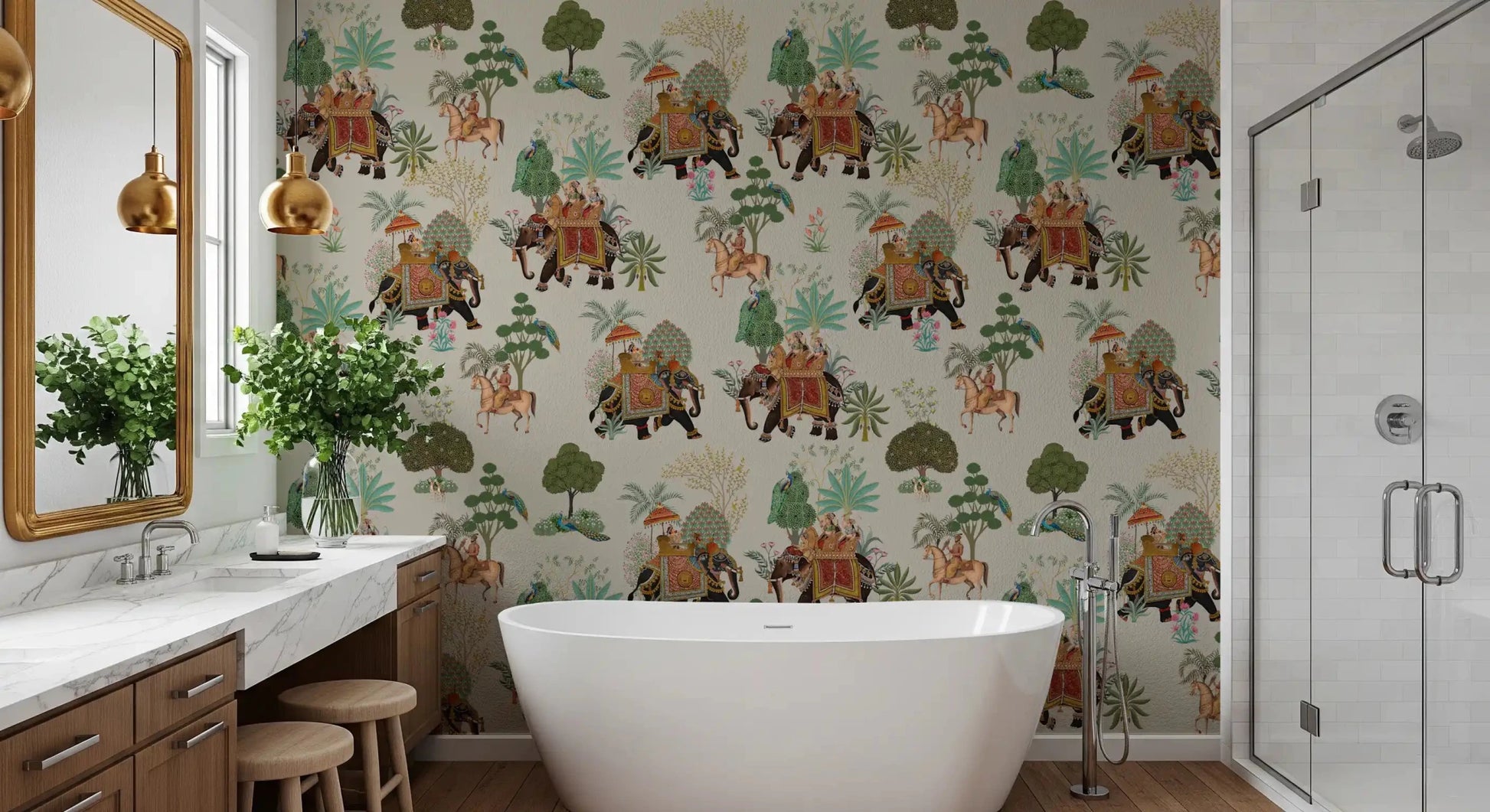 Bathroom space styled using Regal Elephant Parade wall mural design
