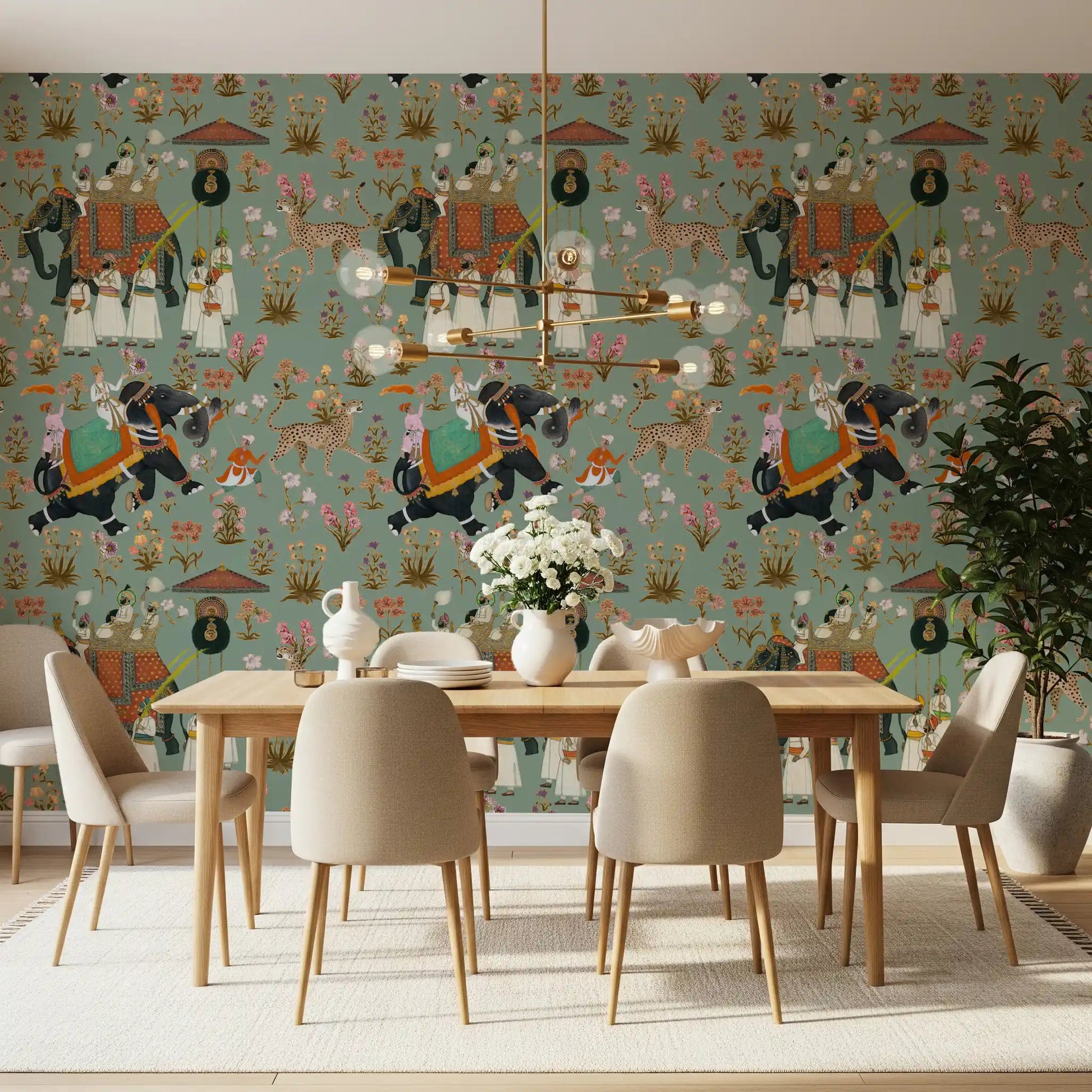 Detailed Regal Elephant Procession Wall Mural design with vintage style.