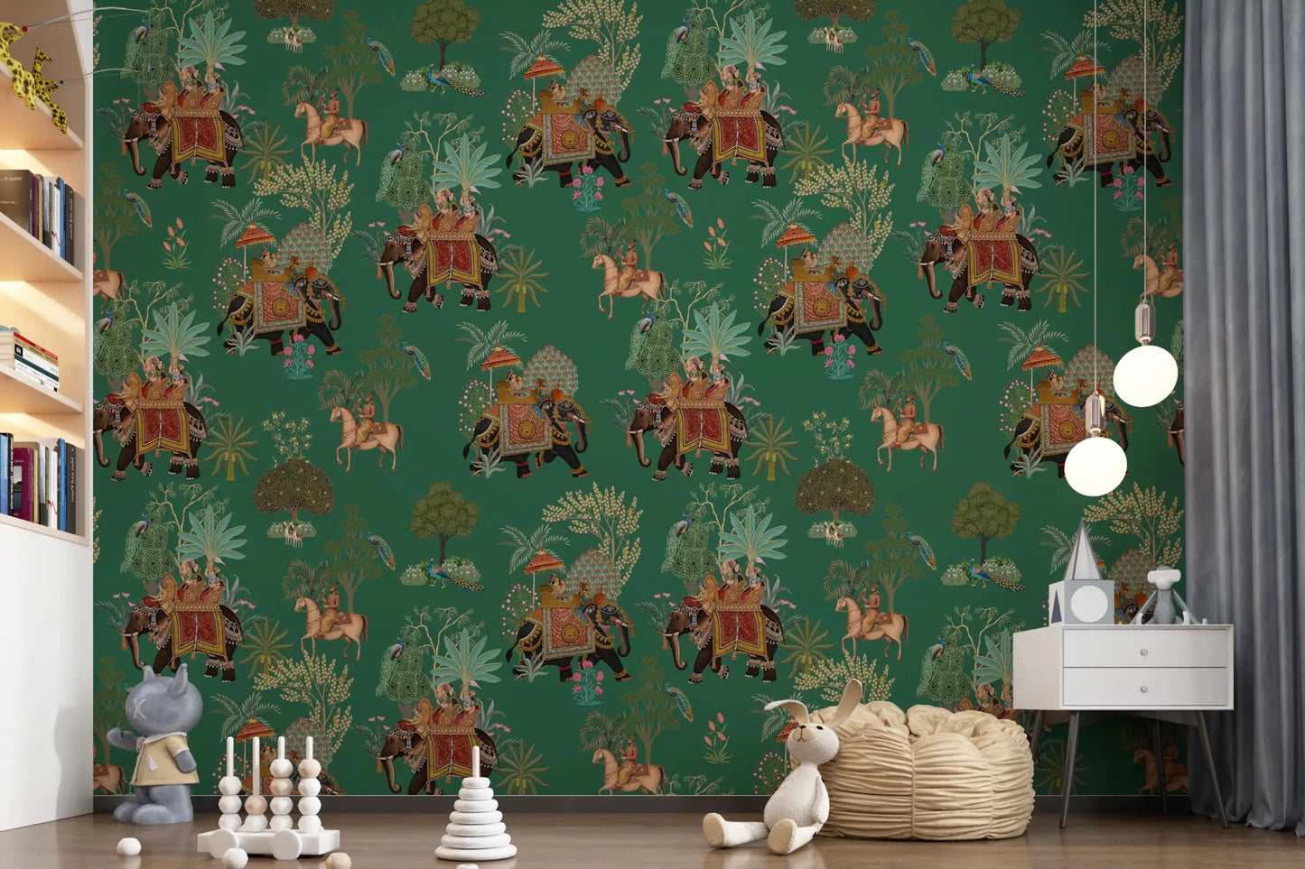 Regal Indian Procession in Emerald Jungle Wall Mural