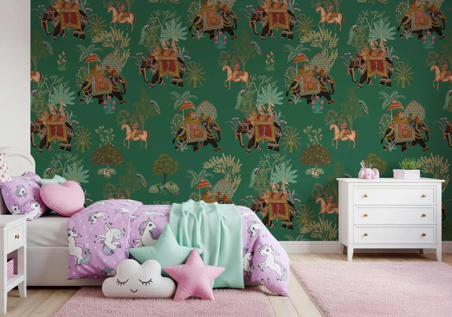 Regal Indian Procession in Emerald Jungle Wall Mural