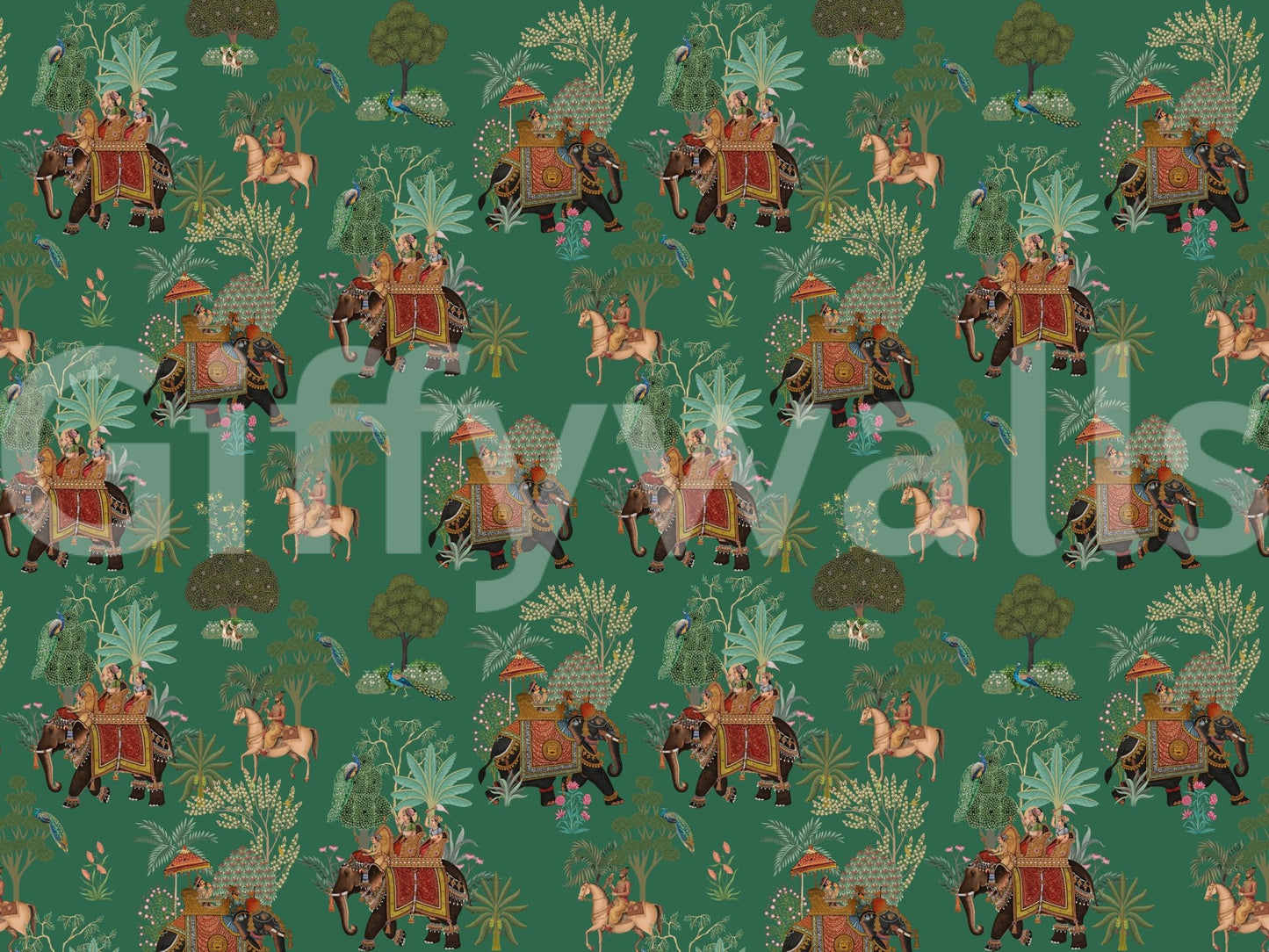 Regal Indian Procession in Emerald Jungle Wall Mural