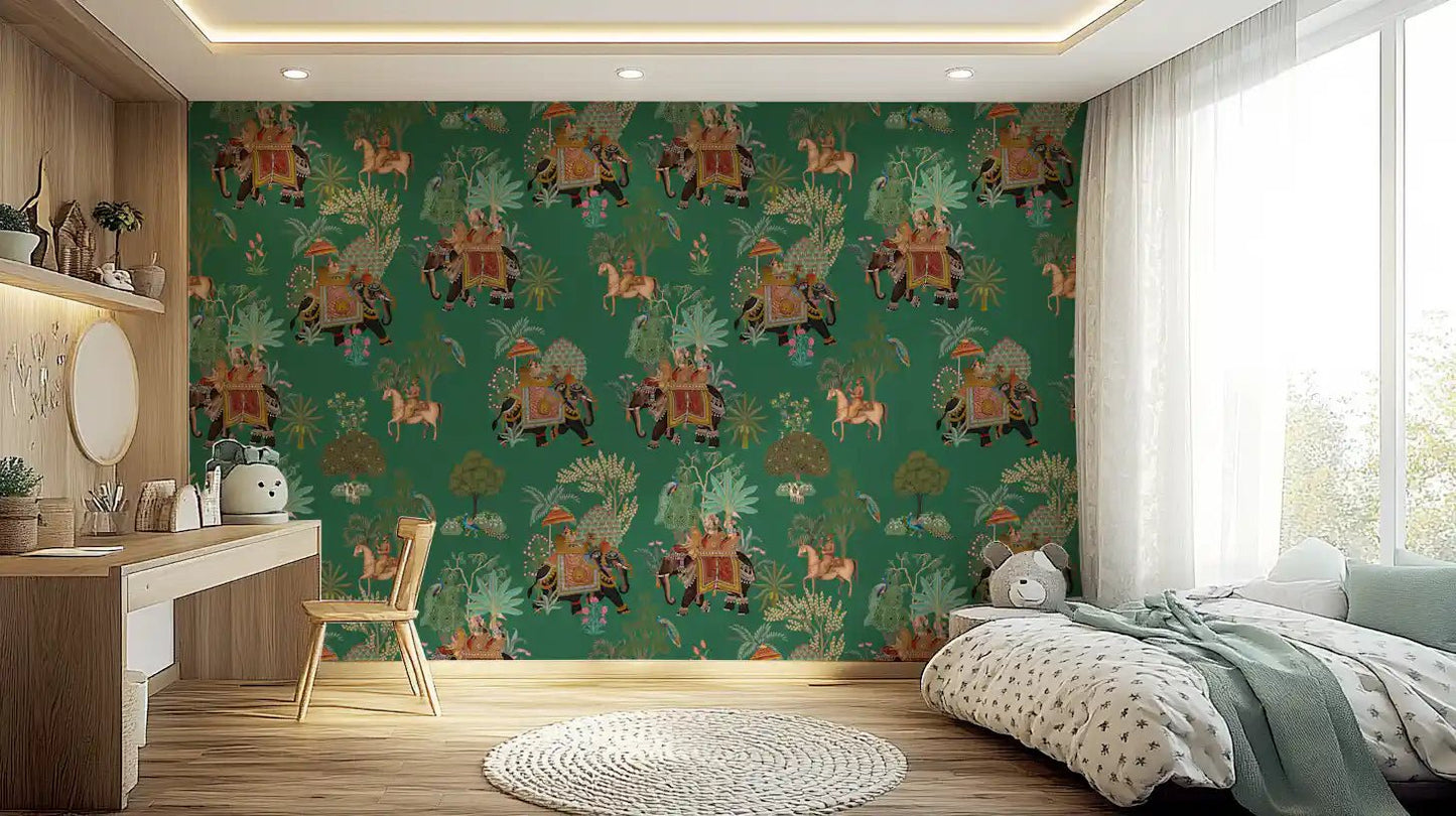 Regal Indian Procession in Emerald Jungle Wall Mural