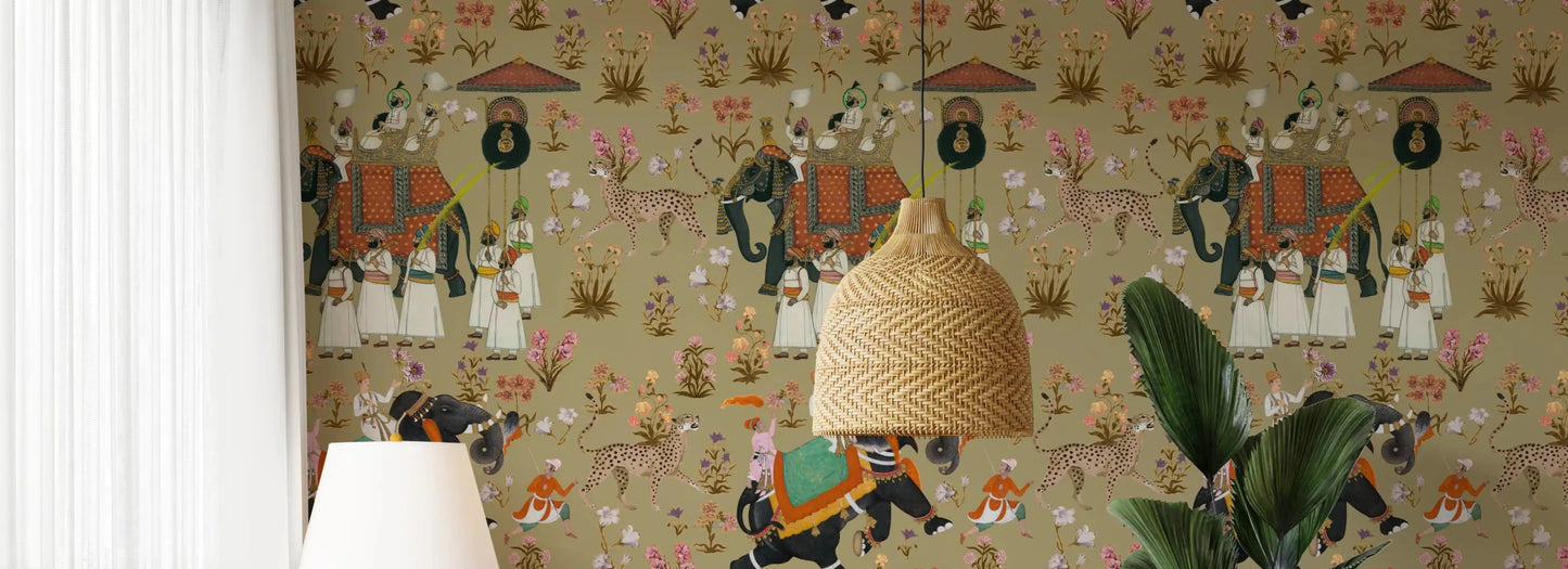 Traditional Mughal style elephants on olive Regal Indian Procession Wall Mural.