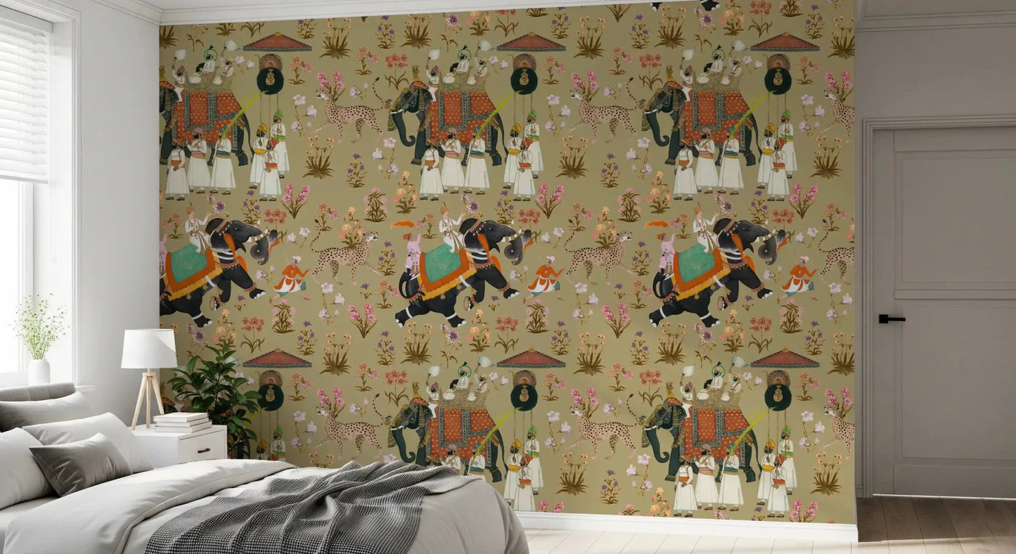 Regal Indian Procession Wall Mural for a bedroom with hand-painted elephant art.