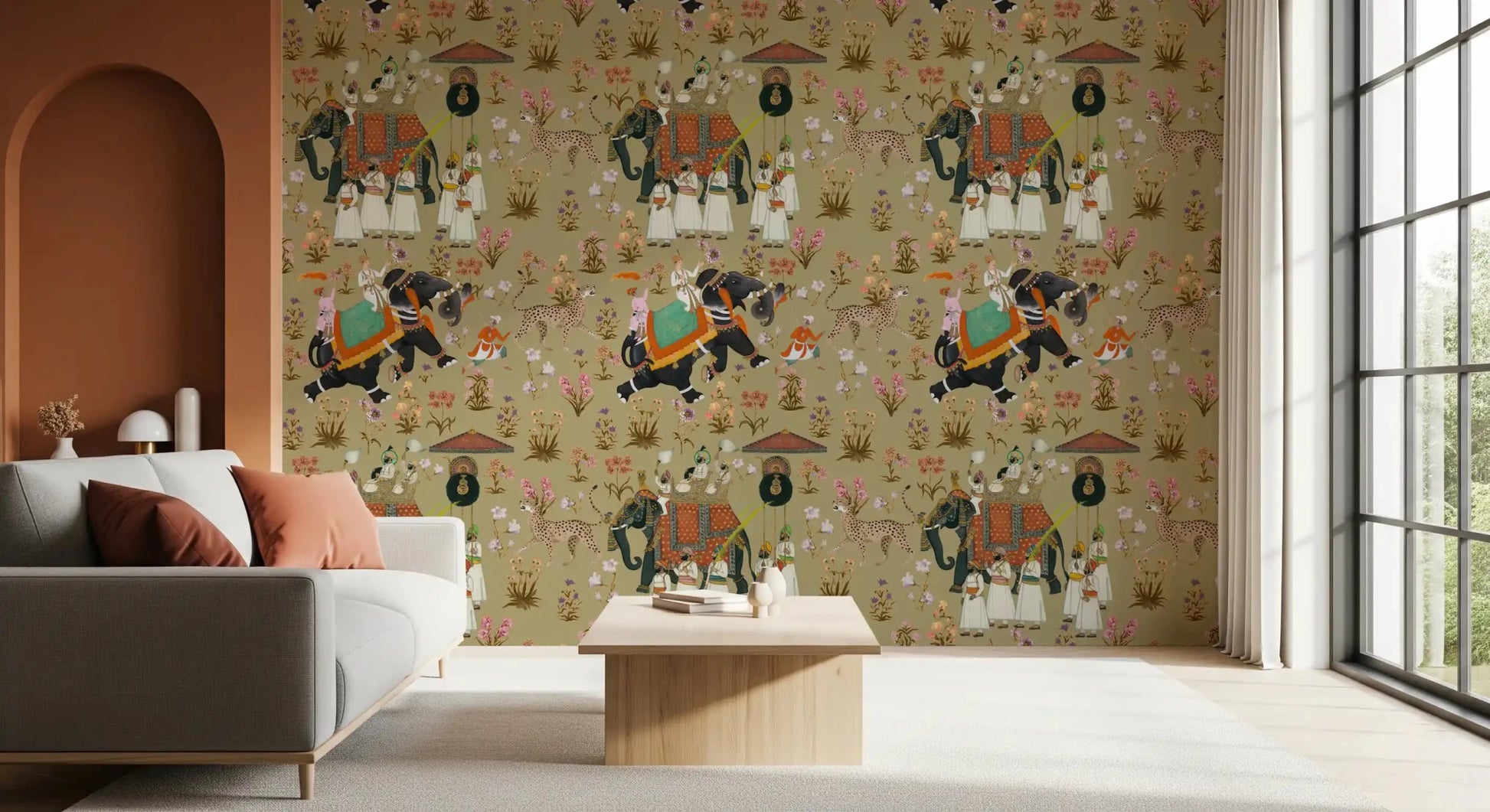 Regal Indian Procession Wall Mural for a hallway featuring cheetahs and floral motifs.