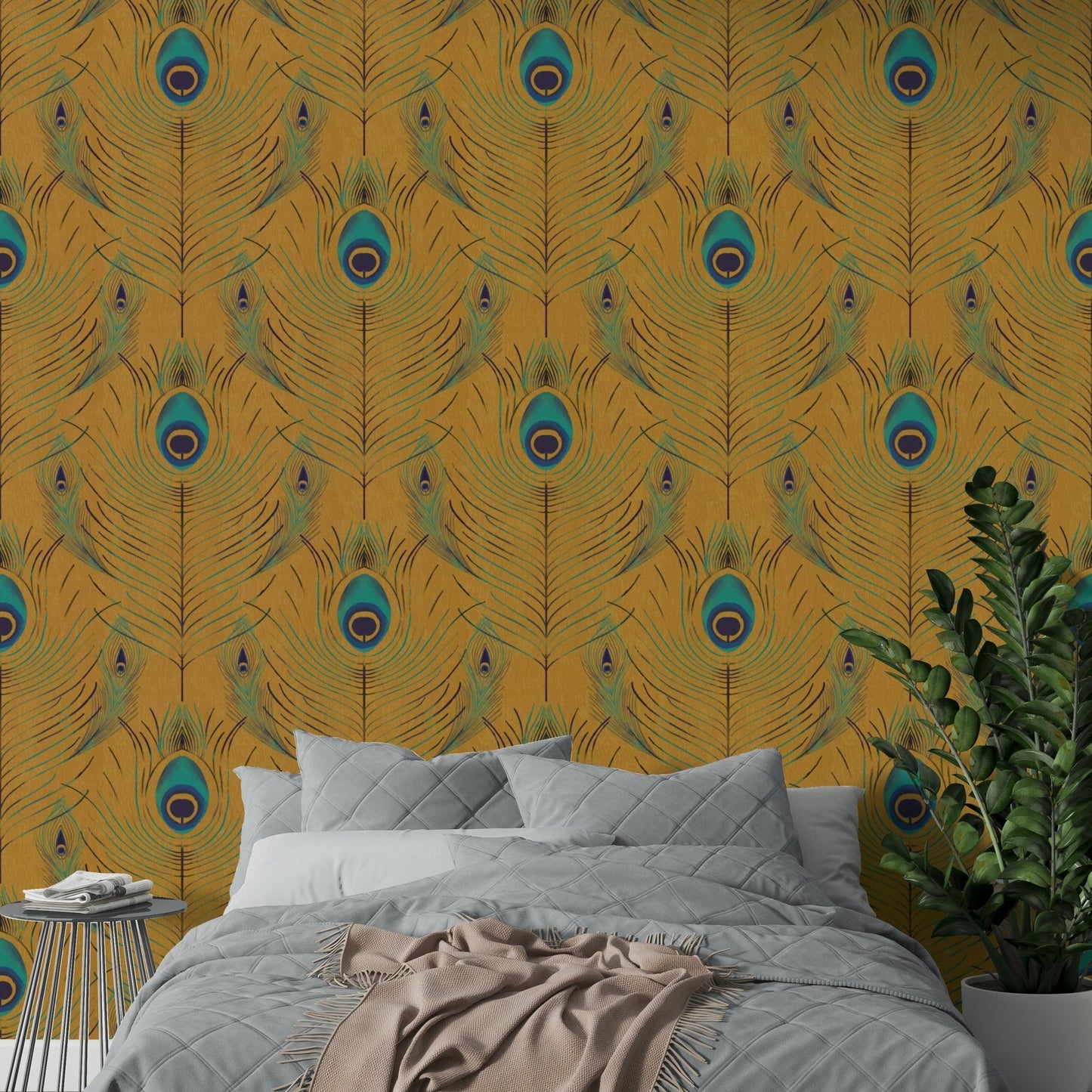 Metallic feather wallpaper in gold

