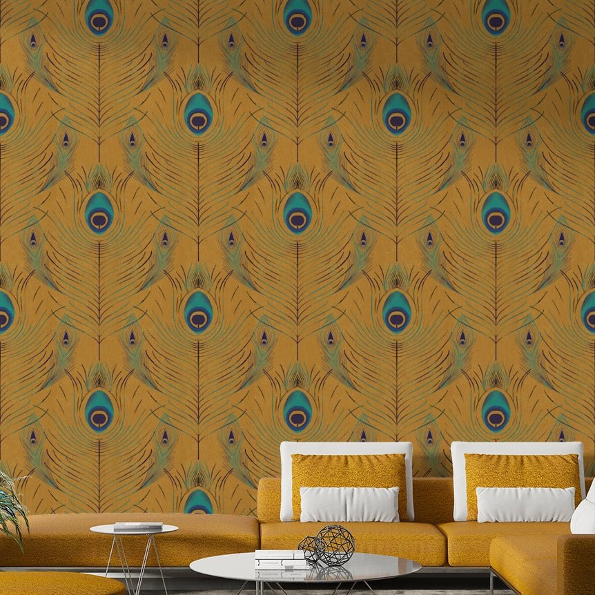 Elegant gold bird feather wall design

