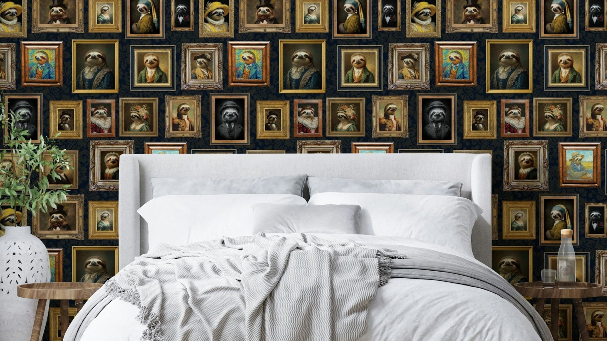 Playful design with sloths wearing crowns and accessories.

