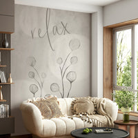 Japandi living room with Relax mural on feature wall


