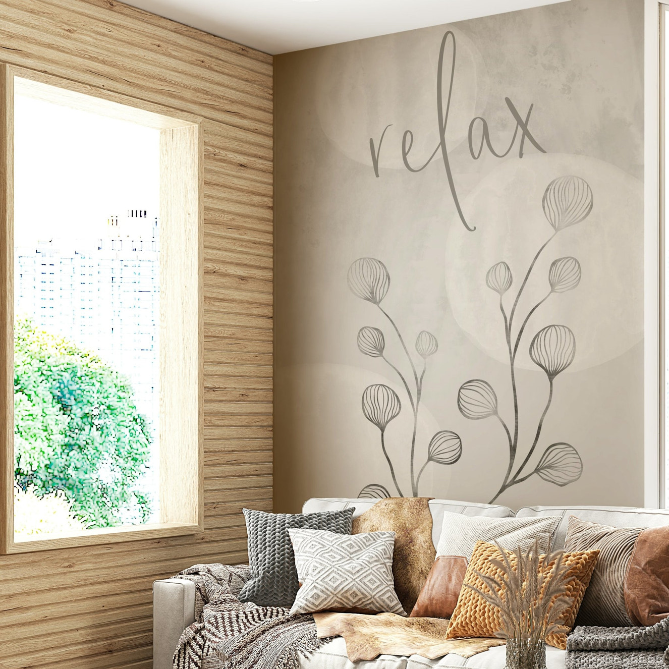 Relax Japandi Style Wall Mural in soft earth tones

