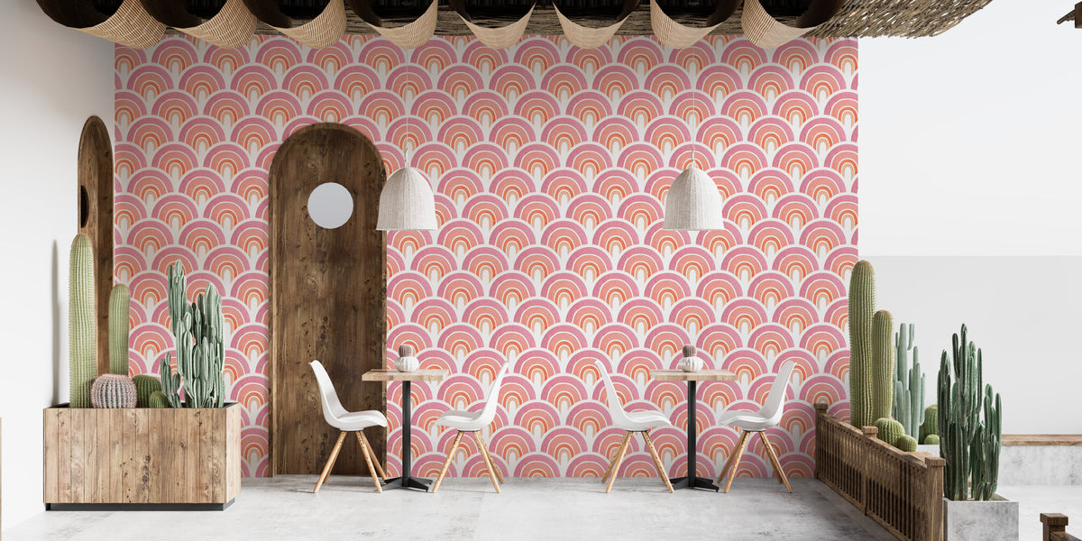 Rainbow mural wallpaper in soft pink