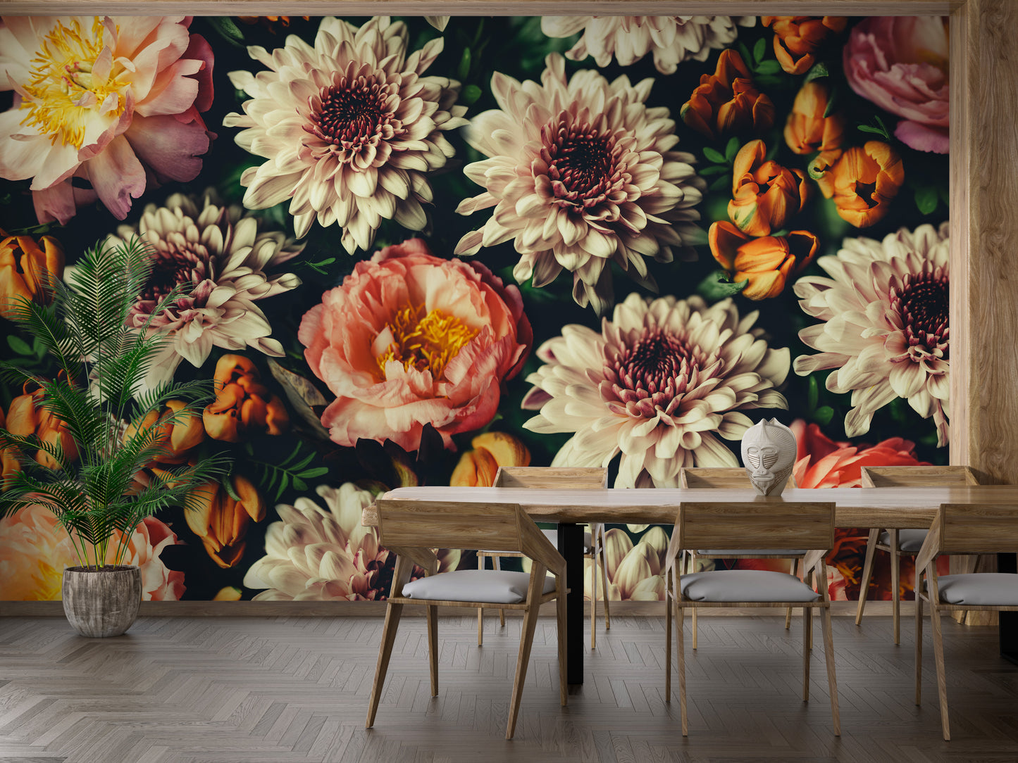 Beautiful Bouquet Flower wallpaper with orange and cream blooms behind a wooden dining table and chairs