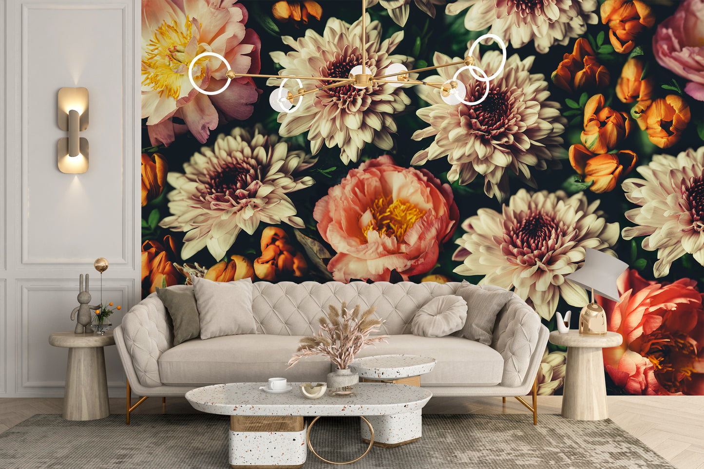 Beautiful Bouquet Flower wallpaper of dark florals behind a cream tufted sofa and terrazzo table in a living room