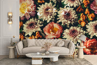 Beautiful Bouquet Flower wallpaper of dark florals behind a cream tufted sofa and terrazzo table in a living room