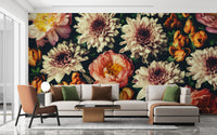 Beautiful Bouquet Flower wallpaper with moody peony and chrysanthemum blooms behind a cream sofa and terracotta chair