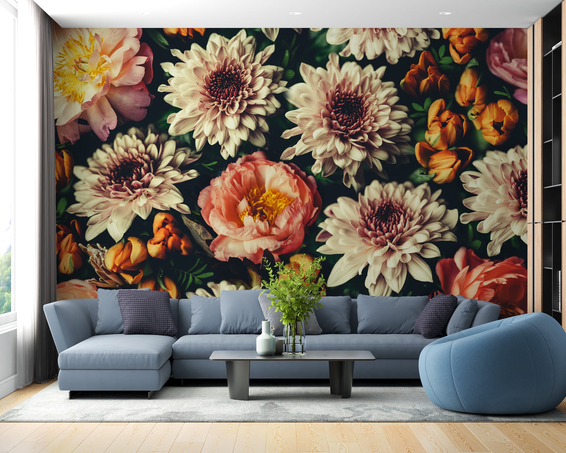 Beautiful Bouquet Flower wallpaper of cream and peach blooms on dark behind a blue sectional sofa in a living room