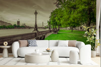 Sunny green lawn alongside River Thames Restful Moments by the Thames wallpaper.