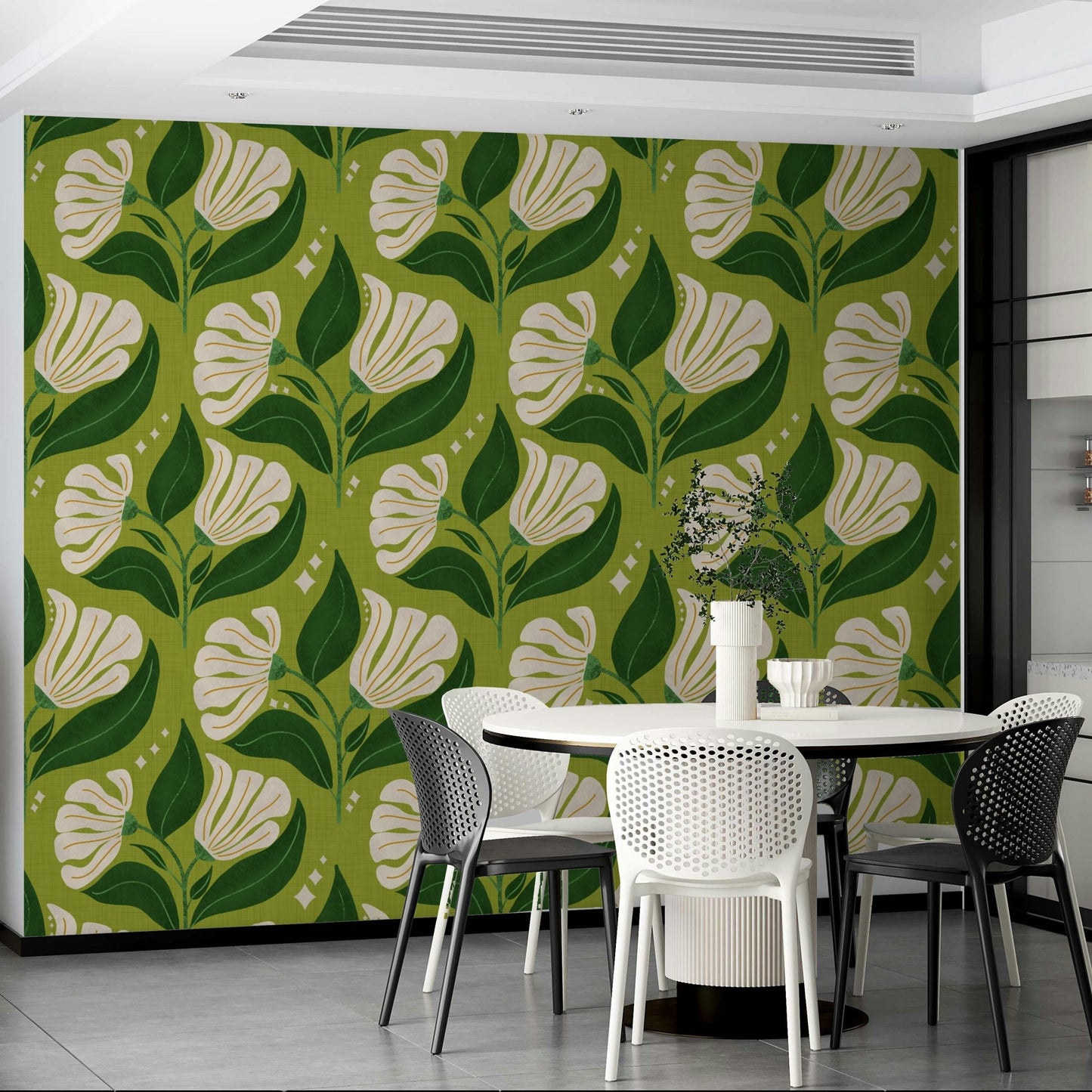 Features large, stylized flowers in cream color.
