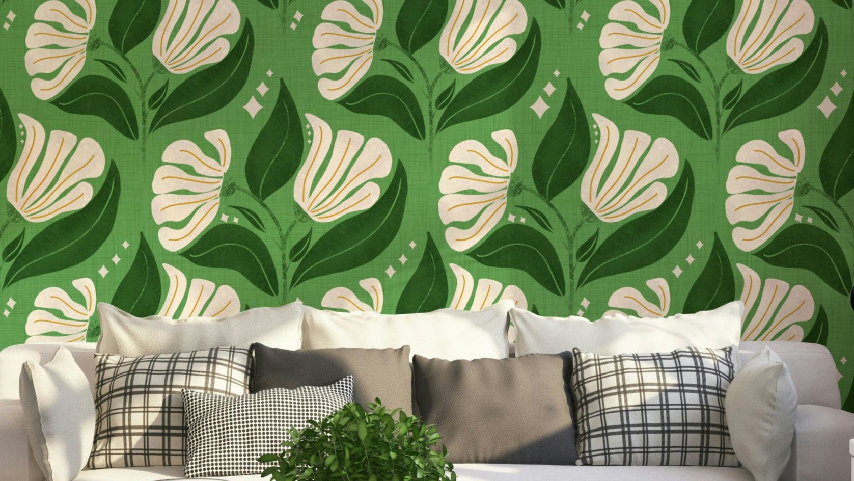 A bold, retro-themed floral wallpaper pattern.

