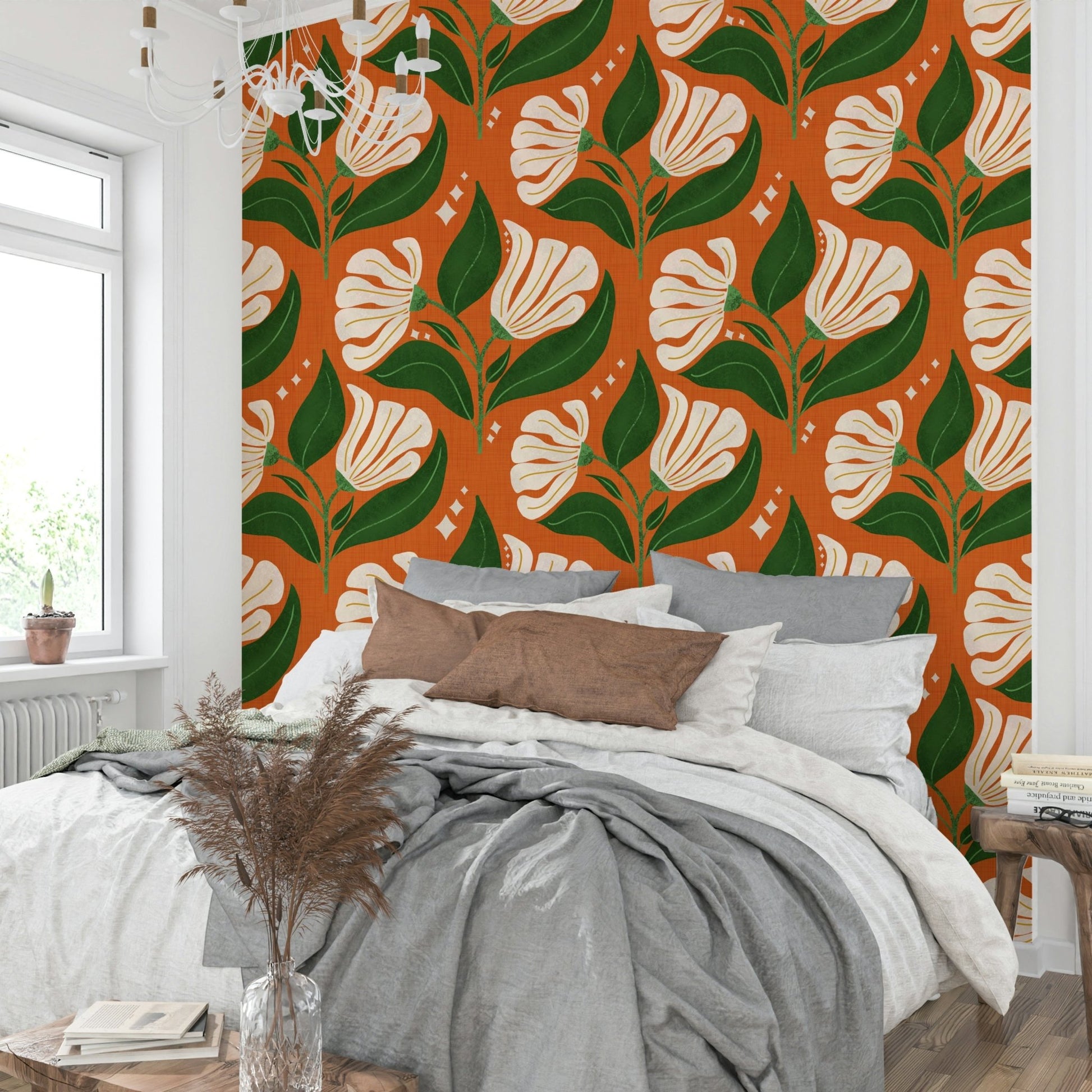 Features large, stylized flowers in cream color.
