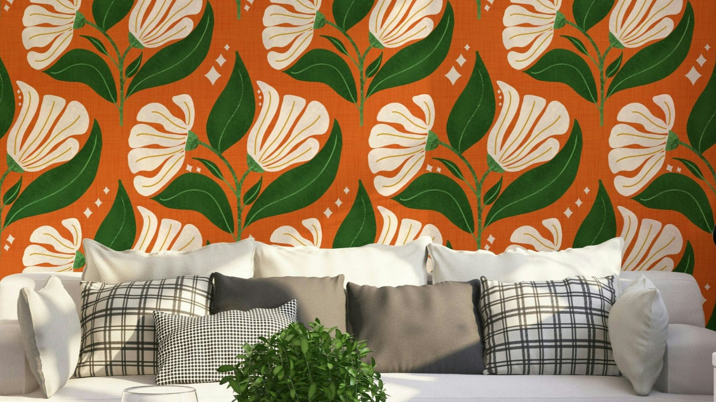 A bold, retro-themed floral wallpaper pattern.
