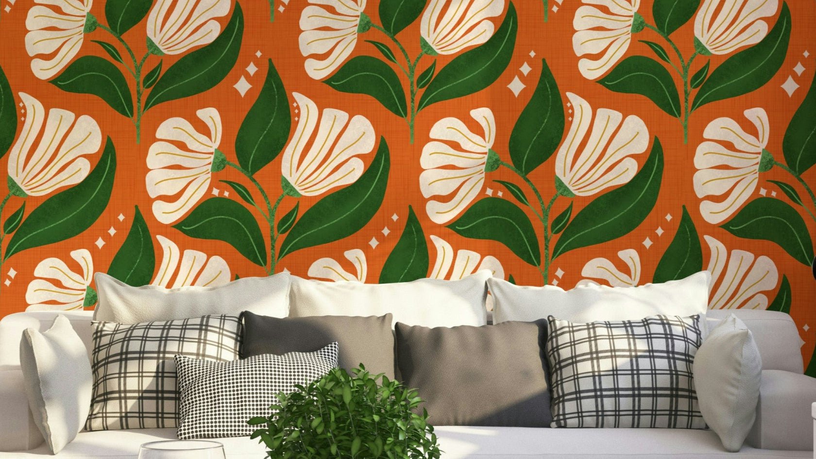 A bold, retro-themed floral wallpaper pattern.

