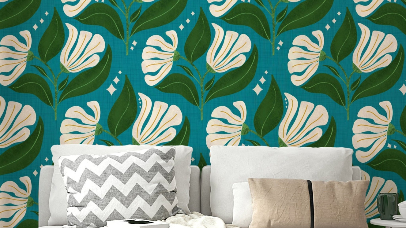 A bold, retro-themed floral wallpaper pattern.
