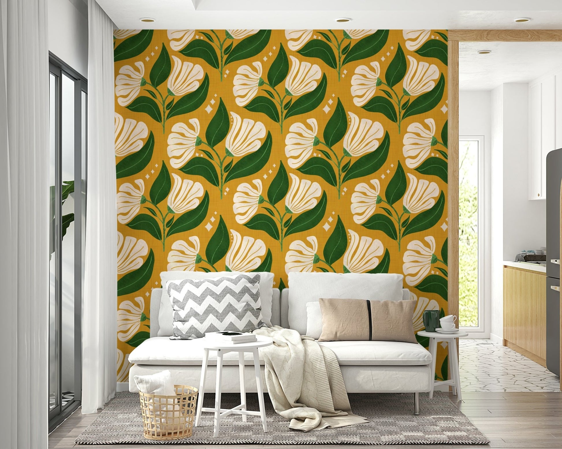 Features large, stylized flowers in cream color.
