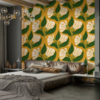 A bold, retro-themed floral wallpaper pattern.
