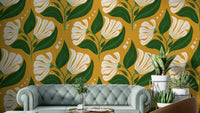 The background is a distinctive avocado yellow.
