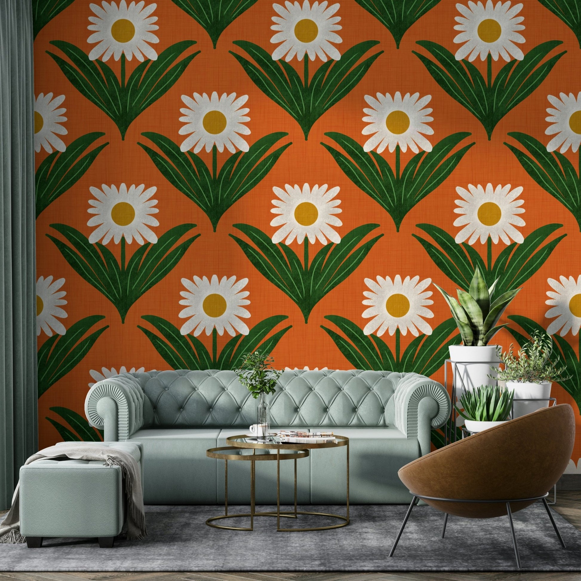 Features large, stylized daisy flowers and other mod florals.
