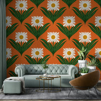 Features large, stylized daisy flowers and other mod florals.
