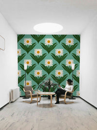 Features large, stylized daisy flowers and other mod florals.
