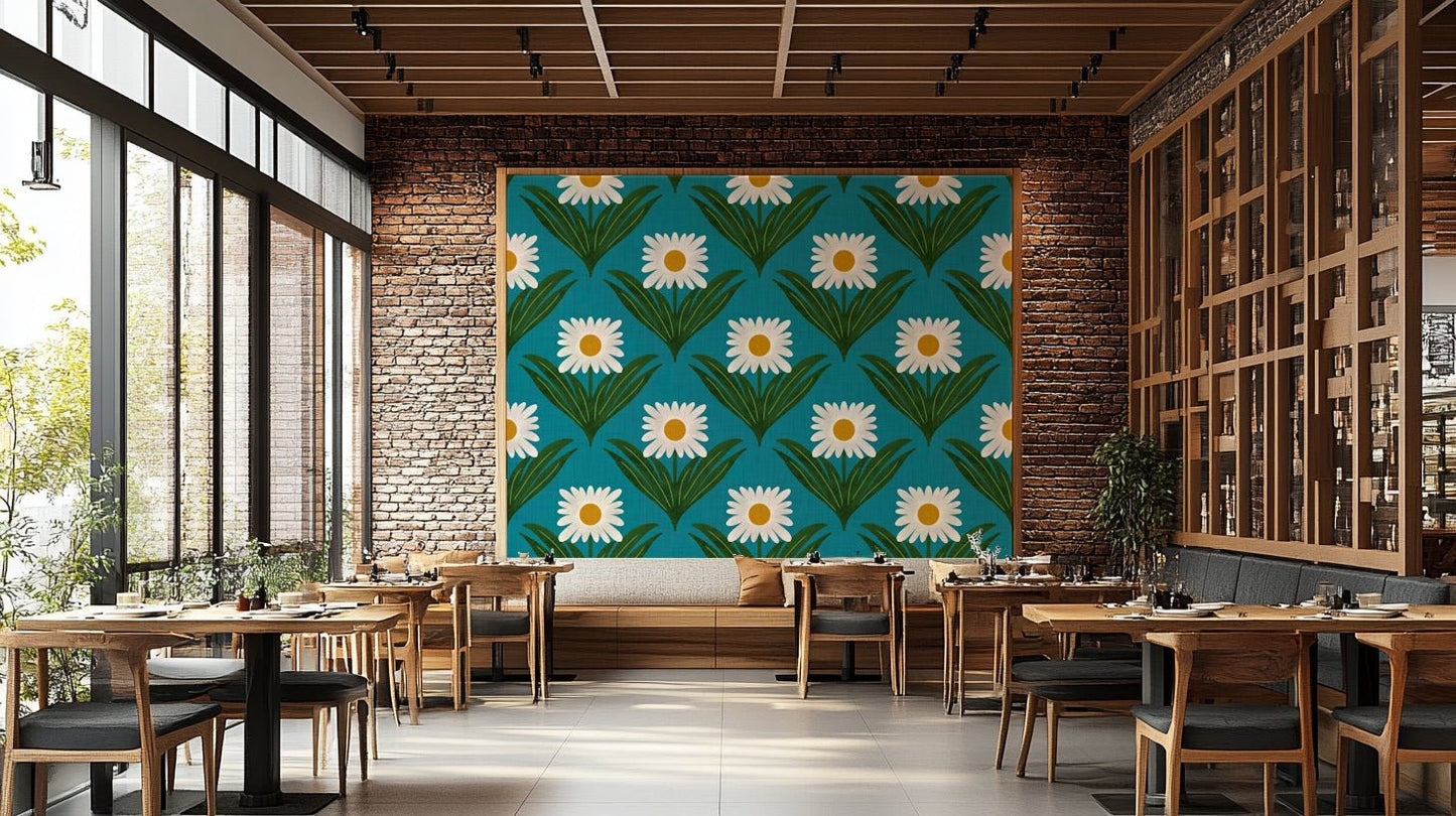 Features large, stylized daisy flowers and other mod florals.
