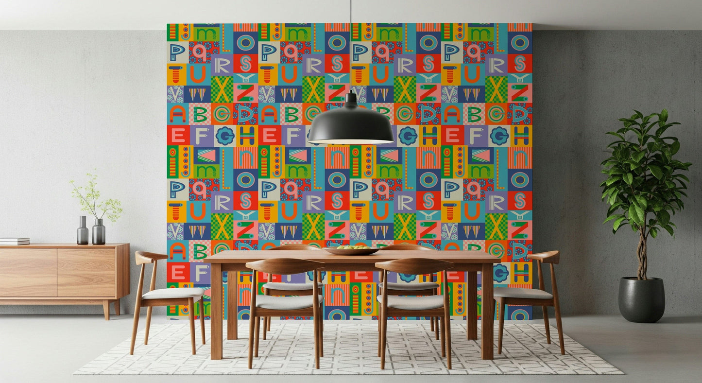 Retro Alphabet Graphic wall hanging primary colors playful design.