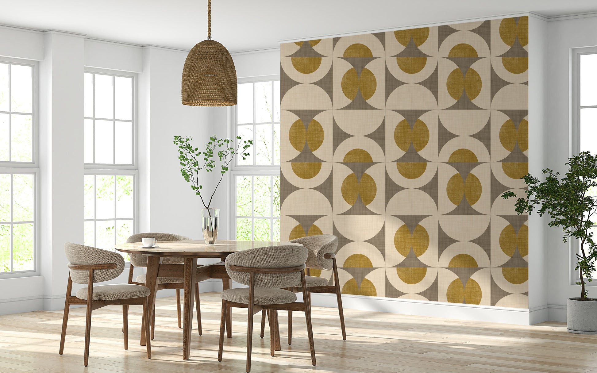 Mid-century geometric design featuring layered arcs and rounded shapes in muted earthy tones
