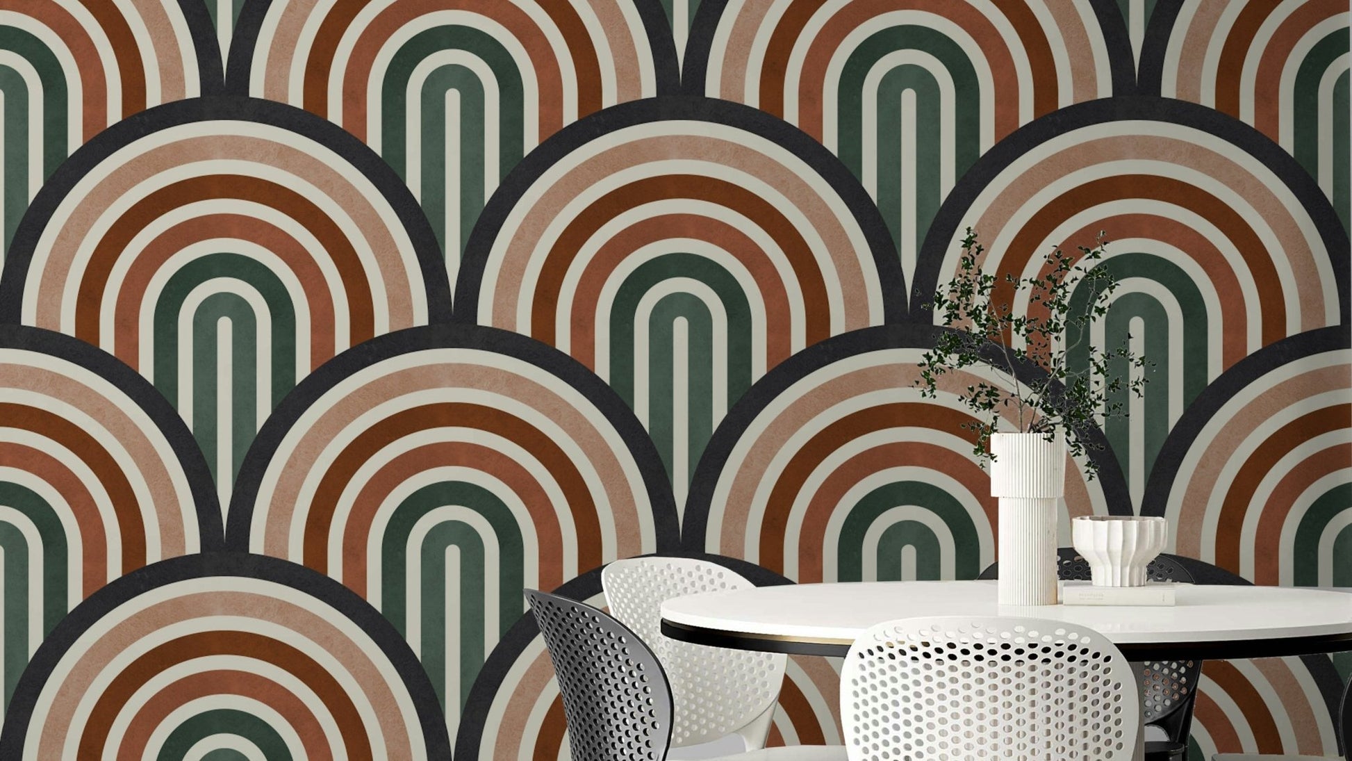 A wallpaper with a repeating archway pattern.

